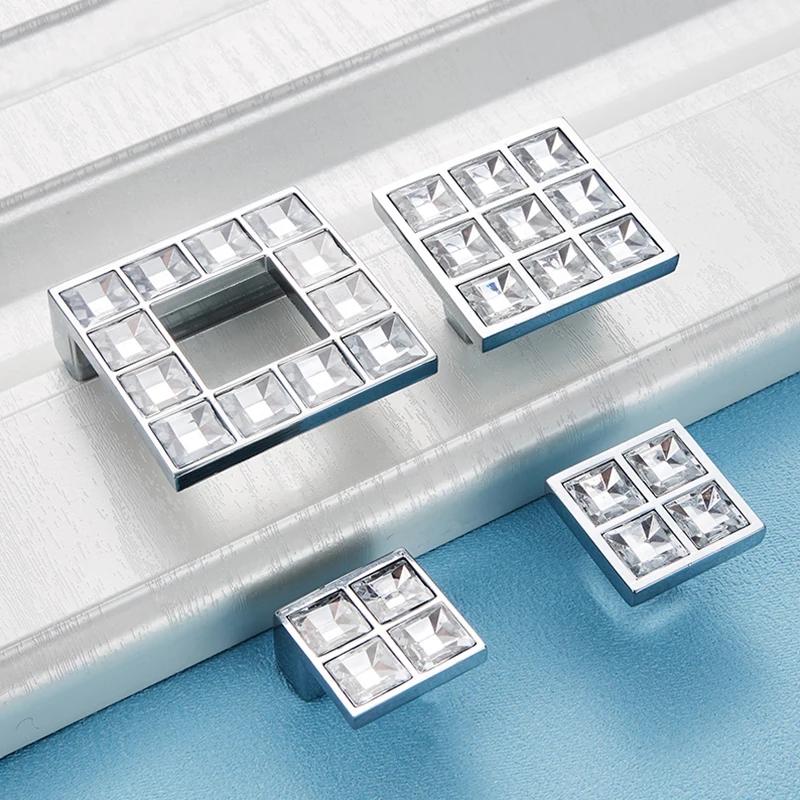 Crystal Glass Knobs Cabinet Handles Silver Crystal Cupboard Pulls Drawer Knobs Kitchen Furniture Handle Hardware