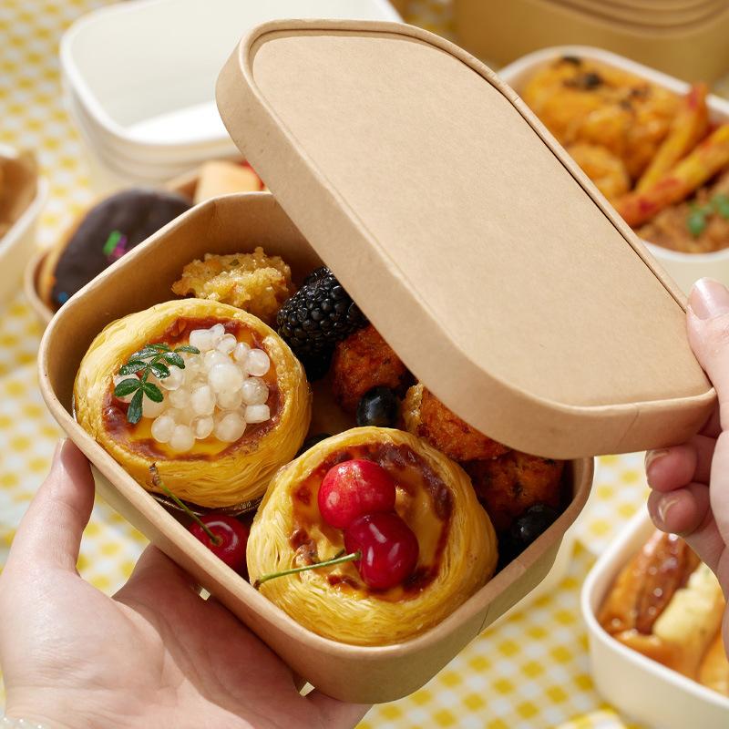 10Pcs Square Disposable Lunch Box Paper Food Container Kraft Paper Lunch Box Leak Proof With Lid Food Packing Box