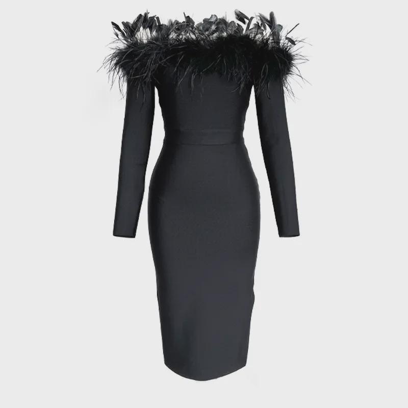 Presentamos el Último Vestido de Noche de Vendaje con Plumas de un Hombro - ¡Estilo Celebridad!