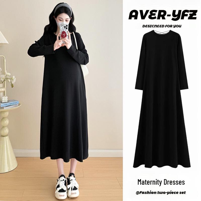 2025 Hepburn Style Maternity Dress: Elegant Long Sleeve, Backless Little Black Dress for Spring & Autumn Large