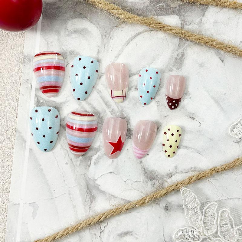 Press On Nails 24 Pieces Y2K Retro Style French Tips Striped Polka Dot Star Design Comfortable Fit For Daily And Party Use