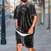 2Pcs/Set Men Outfit Round Neck Short Sleeve Tops Drawstring Waist Shorts Set Solid Color Velvet Street Style Suit