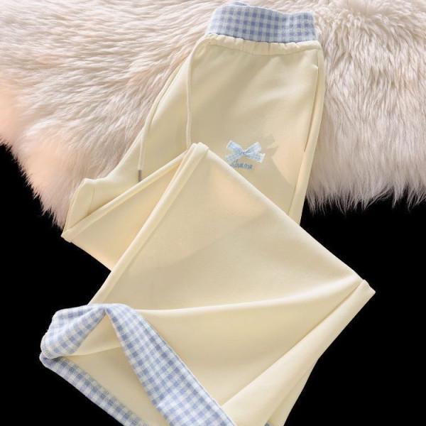 Korean-Style Plaid Embroidery Wide-Leg Pants - High-Waisted, Drawstring, Loose Fit for Spring/Autumn 2026