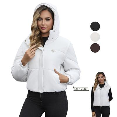 Women’s Puff Jackets Detachable Sleeves Convert Vest Thickened Short Coat Fashion Outerwear Winter Warm Outfit