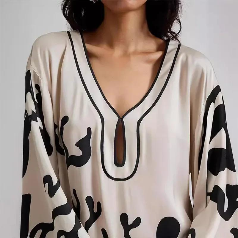 Loose Printed V Neck Women Dress Long Flare Sleeve Side Split Casual Holidays Dresses Spring Summer Elegant Beach Lady Robe