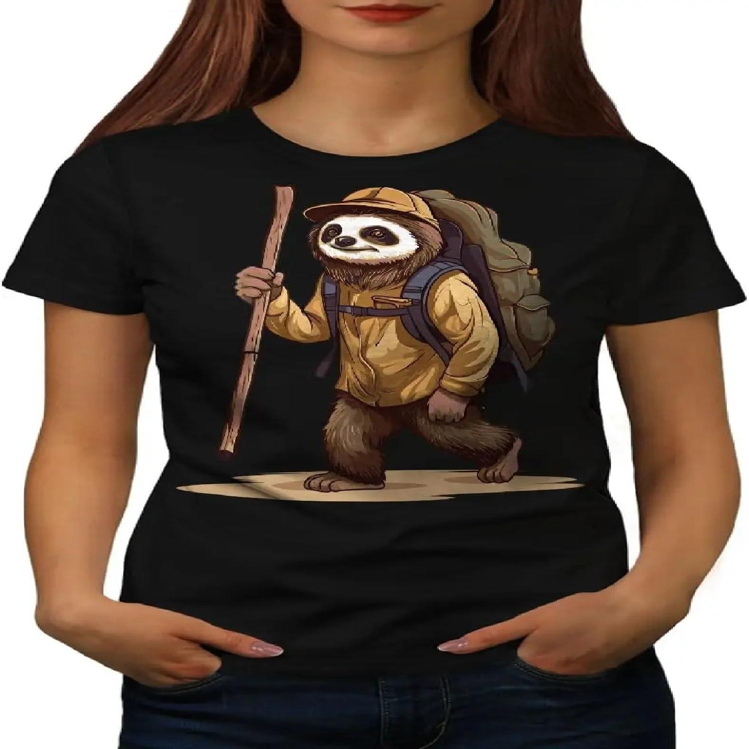 

Wellcoda Hiking Sloth with Backpack Outdoor Adventure Womens T-shirt, Casual Design Printed Tee S чёрный