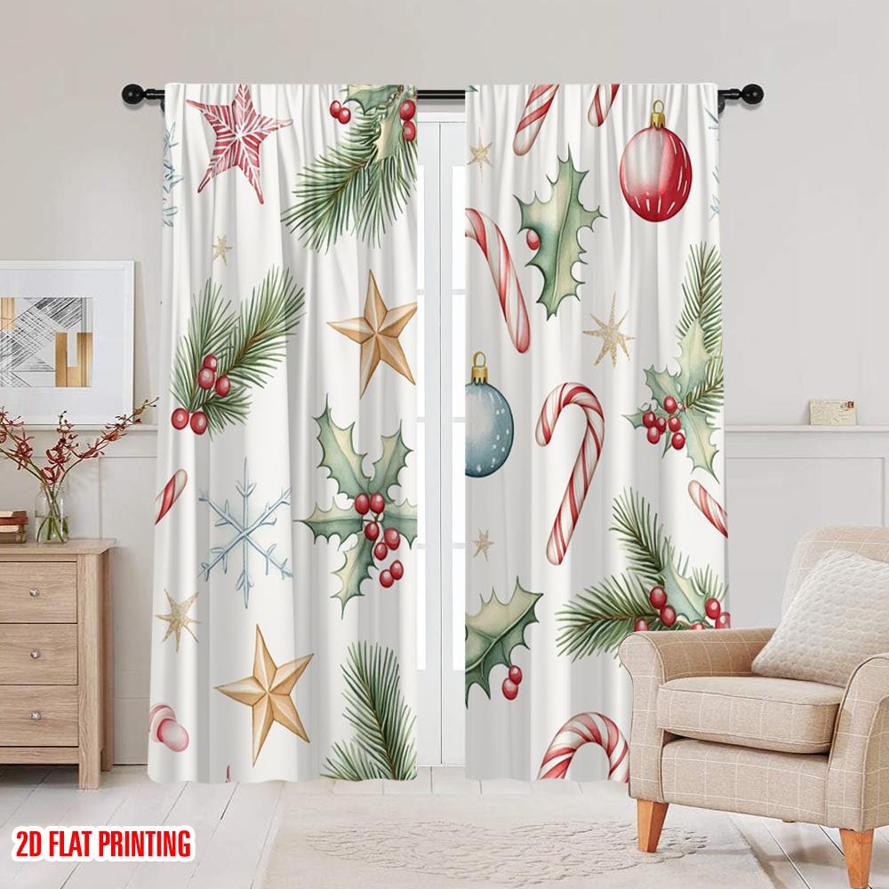 2pcs,2D Plane Printing Minimalist Curtains Christmas Ornaments Pinecones Holly Snowflakes Polyester Fabric (without Rod)