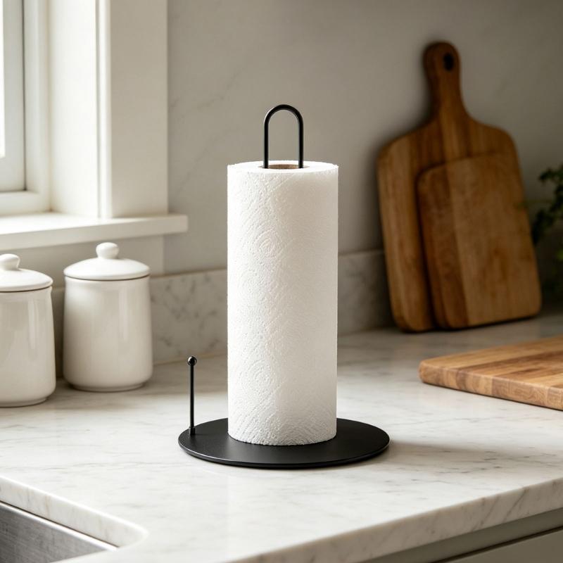 Countertop Paper Towel Holder, Black Metal Standing Roll Stand with Center Post for Kitchen Counter and Bathroom Access