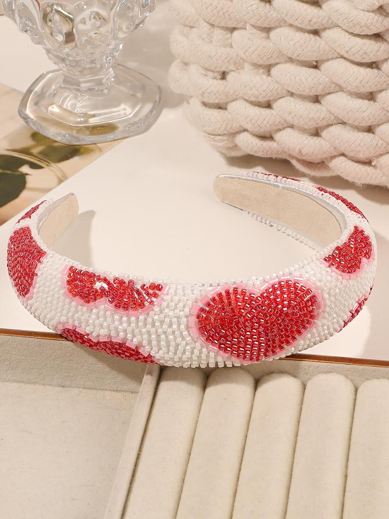 1Pcs Red White Fashion Heart Headband for Women,Bling Crystal Beaded Padded Hairband Cute Valentine's Day Gifts Hair Accessories