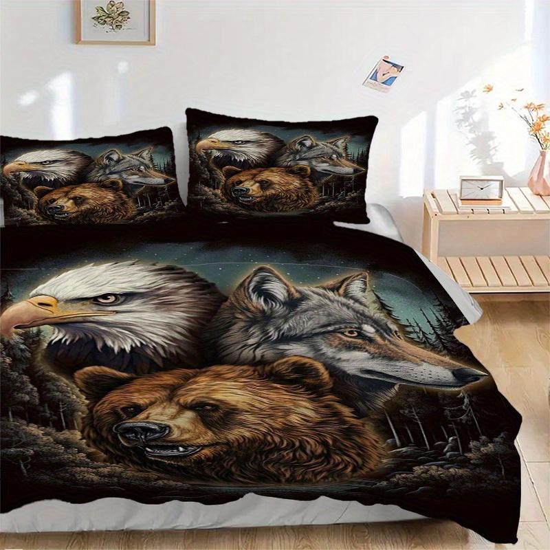 3pcs Eagle Wolf Bear Bedding Set Down Comforter Cover and Pillowcases, Suitable for Guest Room Home Decoration All Seasons(No Insert) S0819023