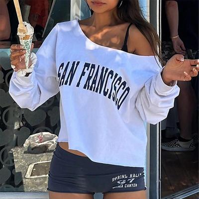 Spring/Autumn 2025 American & European Street Style One-Shoulder Loose Letter Print Casual T-shirt