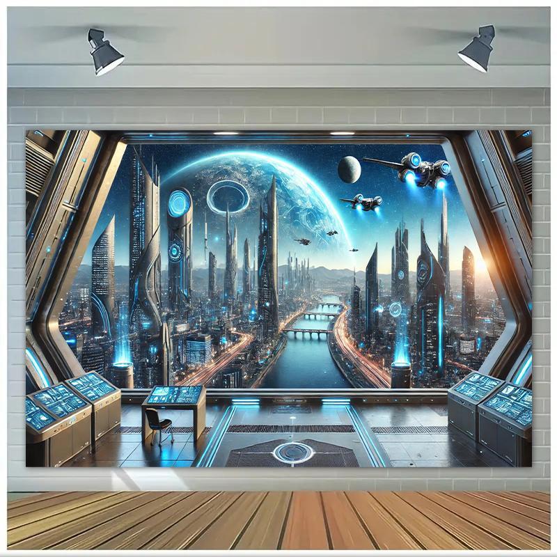 Futuristic Space Cityscape Wall Tapestry For Innovative Home Decor, Featuring A Stunning View Of A High-Tech Metropolis