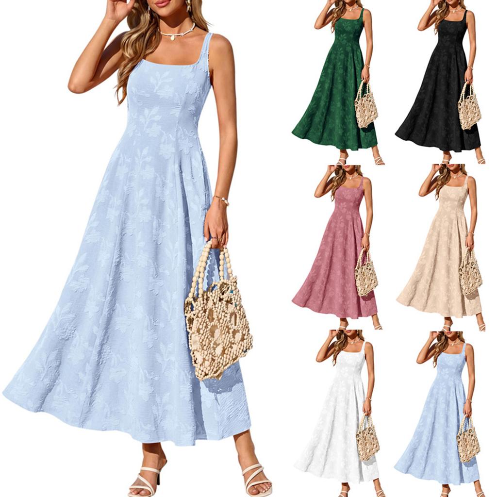 Women’s Sleeveless Maxi Dress with Square Neck Adjustable Straps and Shirred Detailing for Casual or Formal Wear