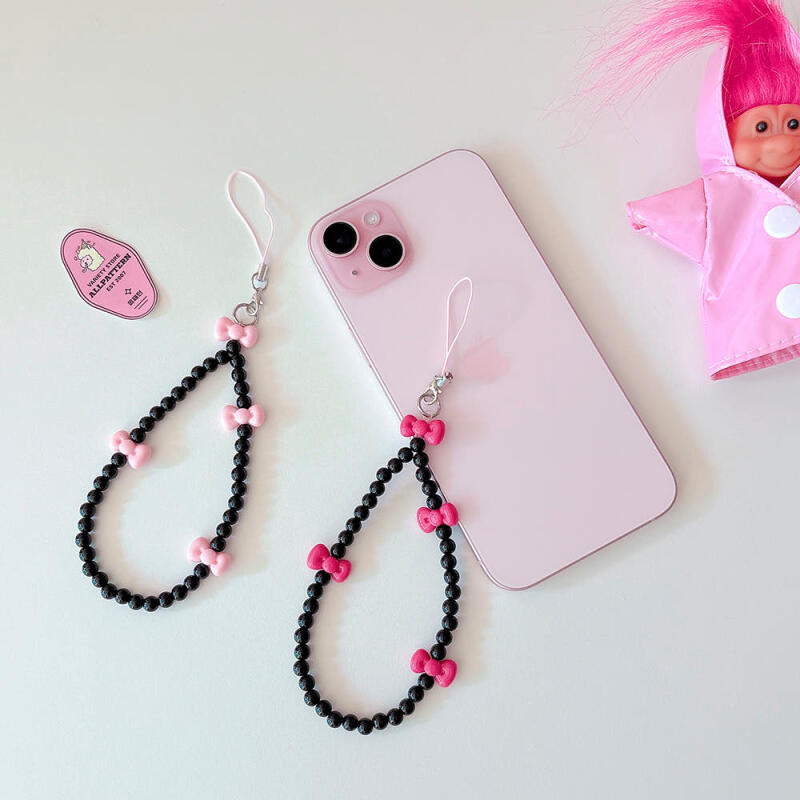 Black beaded ribbon phone strap