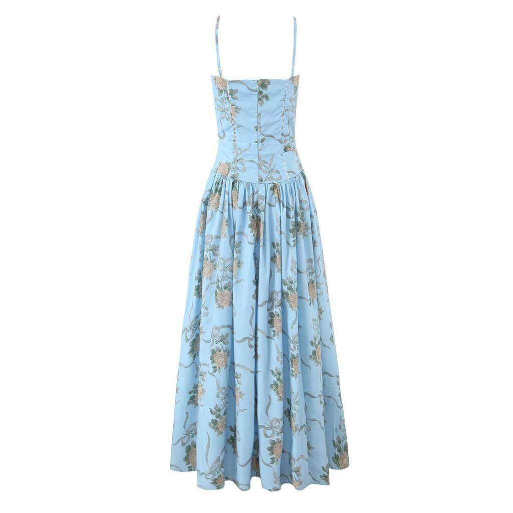 French sky blue retro rose print medium and long sundress women's summer suspender dress