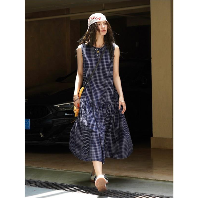 Johnature Sommer Koreanisch Retro Karo Ärmelloses Kleid Lässig Japanisch Locker Damen Pullover Kleider