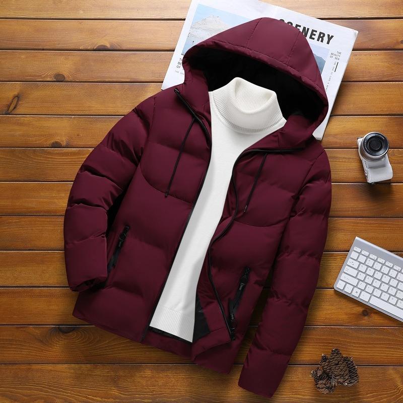 

Winter New Warm Hooded Handsome Casual Trendy Men s Cotton-padded Clothes Solid Color Versatile Cotton-padded Jacket Thickened Cotton-padded Clothes M бордовый