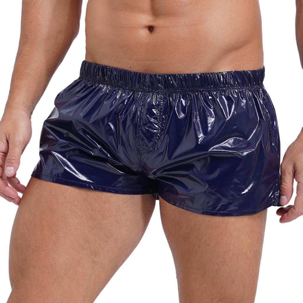 Pánské šortky s nízkým pasem, design s bočním rozparkem, jednobarevné, slim fit, lesklé trenýrky, plavky na plážovou párty u bazénu
