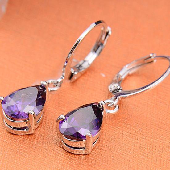 Elegant Women's Purple Rhinestone Water Drops Leverback Dangle Earrings Gift