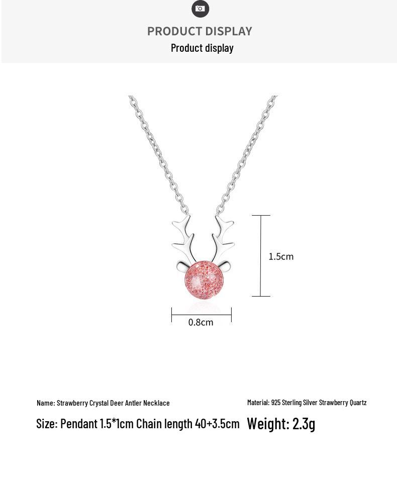 S925 Sterling Silver Antler & Strawberry Crystal Necklace for Women - Fresh, Cute, Simple Clavicle Chain