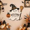 Halloween Party Decor Wooden Ghost Welcome Sign for Front Door, Rustic Cartoon Hanging Pumpkin Supplies Plaque with Wizard Hat And Broom Holiday Wall