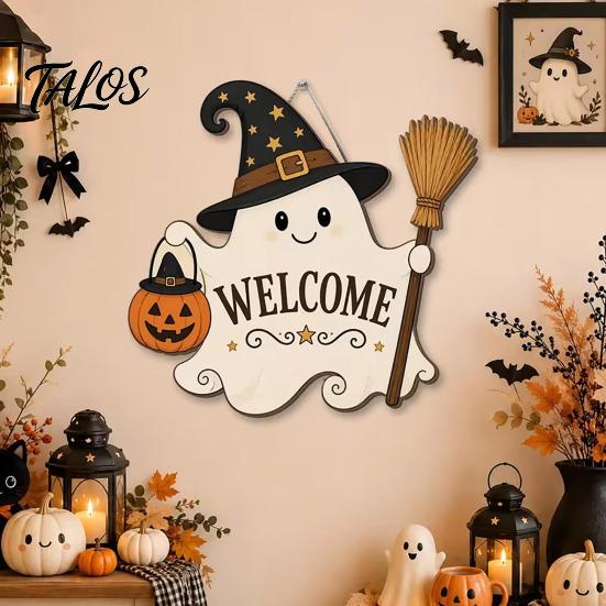 Halloween Party Decor Wooden Ghost Welcome Sign for Front Door, Rustic Cartoon Hanging Pumpkin Supplies Plaque with Wizard Hat And Broom Holiday Wall