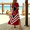 Women Fashion Round Neck Vintage Pattern Printed Short Sleeve Side Slit Dress Casual Vacation Dress Long Loose Dress
