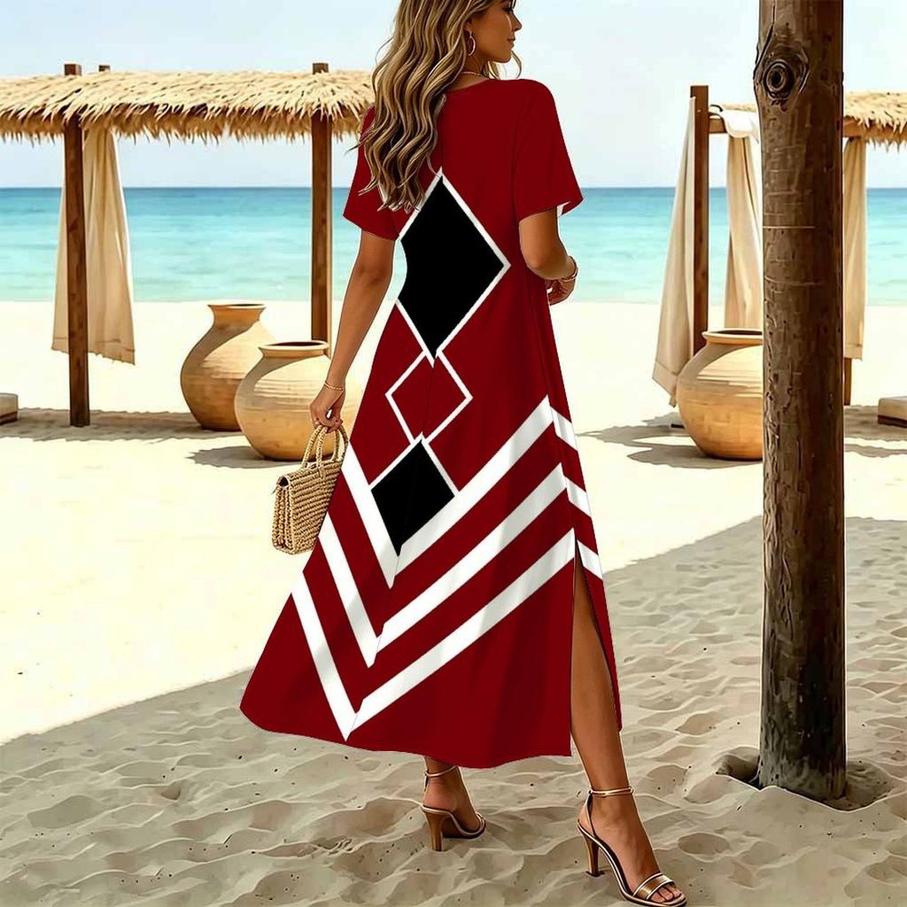 Women Fashion Round Neck Vintage Pattern Printed Short Sleeve Side Slit Dress Casual Vacation Dress Long Loose Dress