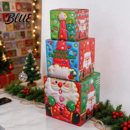 Stackable Xmas Ornaments 3Pcs Christmas Gift Box, Layered Cube Plastic Boxes with Santa Festive Storage Bins Snowman Reindeer, Tabletop Display