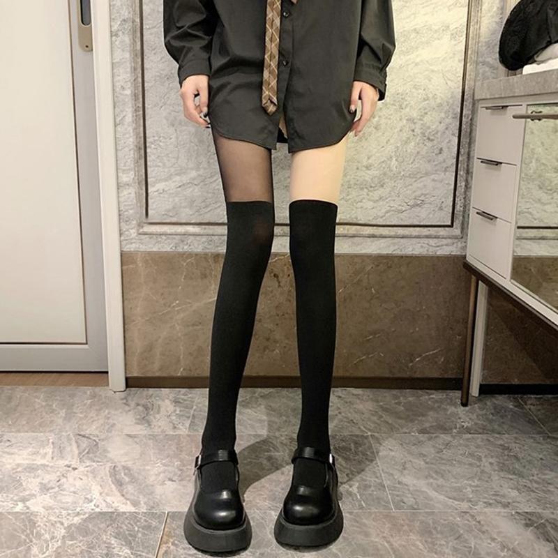 Sexy Patchwork Color Womens Pantyhose Fake Stockings Thighs High Stocking Black Color Silk Socks Japanese Style Jk Sock