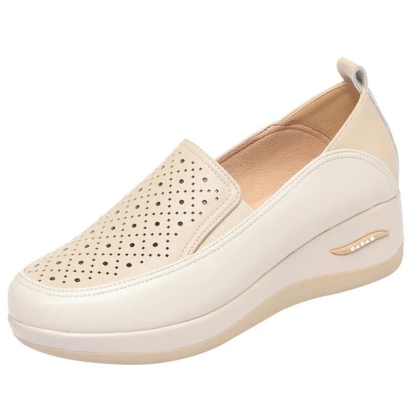 4.5cm Breathable Comfortable Shallow Cutout Soft Leather Shoes Women Loafers 2025 Summer Platform Wedges Shoes for Office Mom