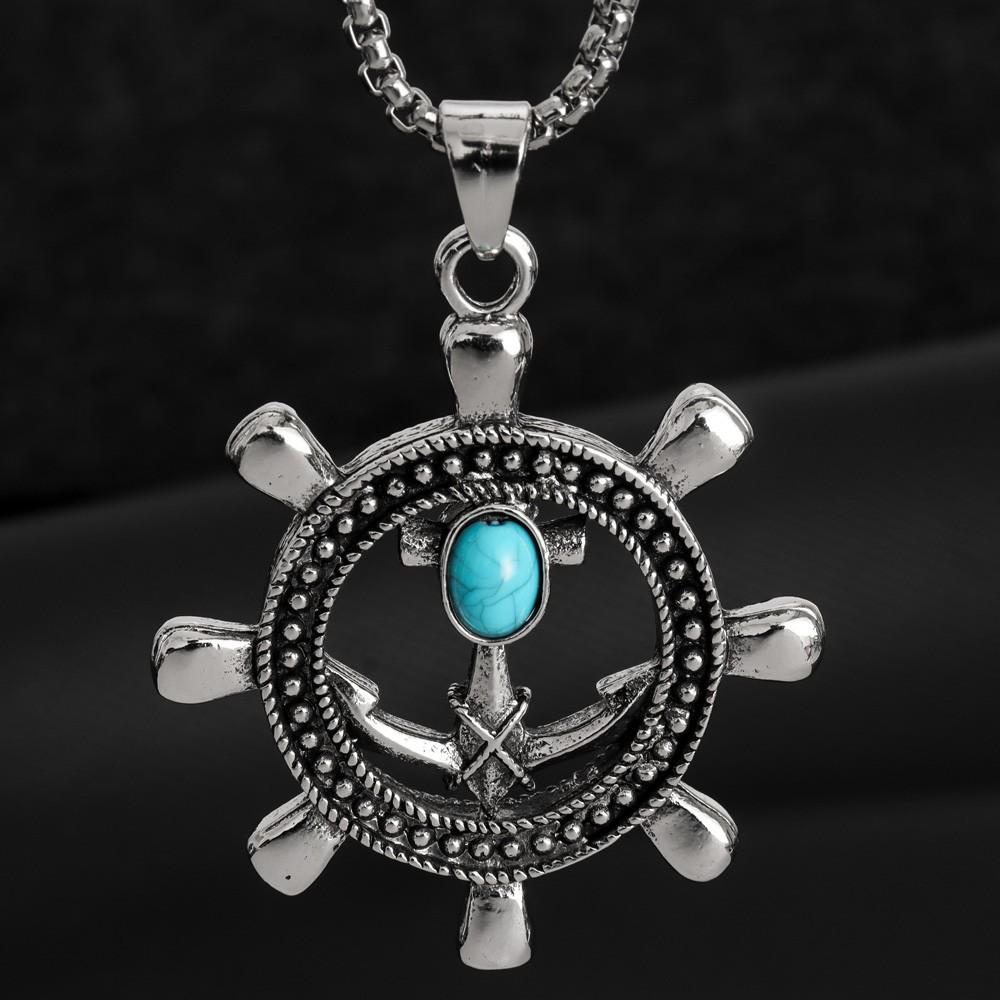 Turquoise Rudder Pendant Necklace Punk Hip-Hop Necklace Retro Anchor Necklace