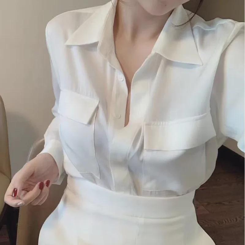 Silk Satin White Shirt: Elegant Foreign Design, Spring 2025 Women's Fashion