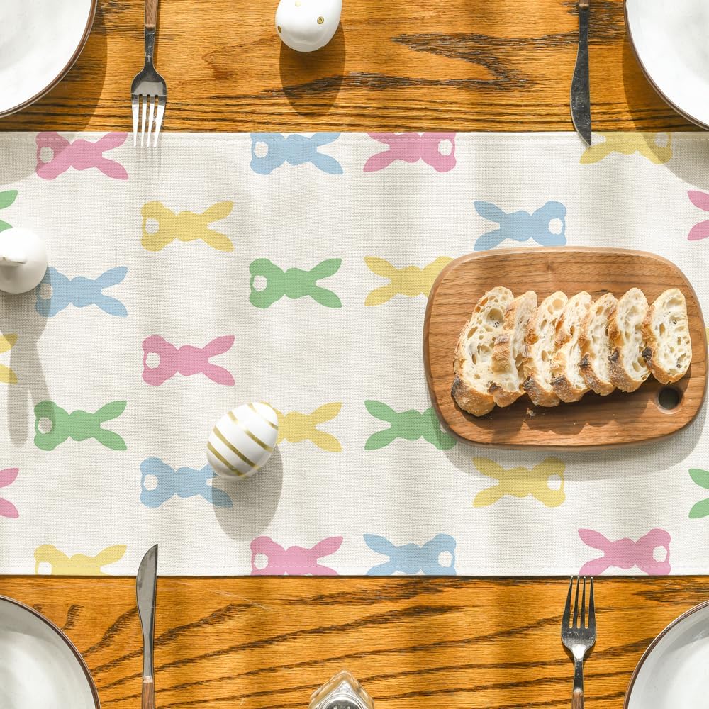 Artoid Mode Green Pink Bunny Rabbit Easter Table Runner, Spring Kitchen Dining Table Decoration for Home Party Decor 13x90 Inch