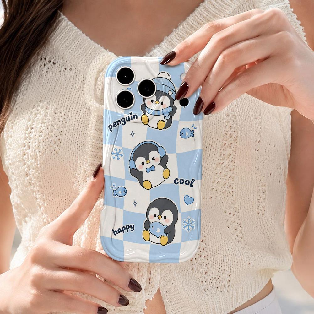 Cartoon Penguin Checkerboard Phone Case for iPhone 16 15 14 Pro Max 13 12 11 Mini XR XS SE Wavy Edge Soft Cover