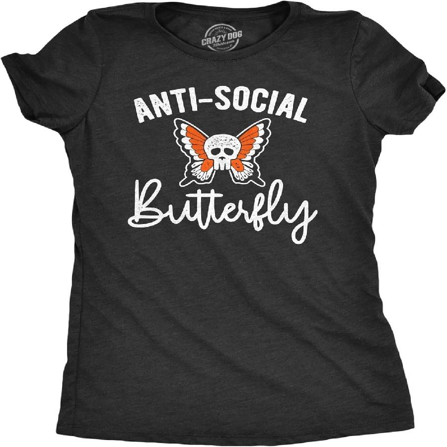 Футболки Crazy Dog Женская футболка  Антисоциальная бабочка  Смешная футболка с черепом для интроверта S