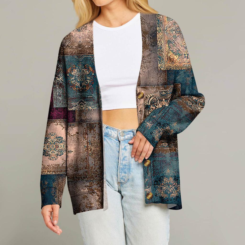Dame Mote Langermet Juleprint V-Hals Knapper Løs Cardigan Topp