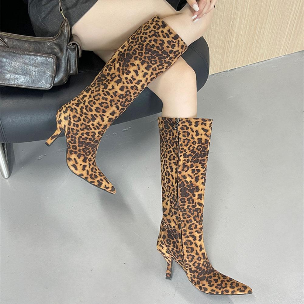 Fashion Leopard Print Boots Boots Women's Autumn and Winter New Retro Pointed But Knee Boots