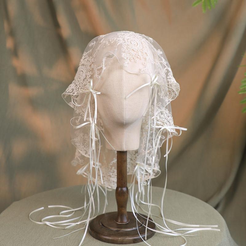 

1Pcs French Style Elegant Embroidered Short Bride Weeding Headwear Vintage Full Lace Bridal S With Bow Ribbon бежевий
