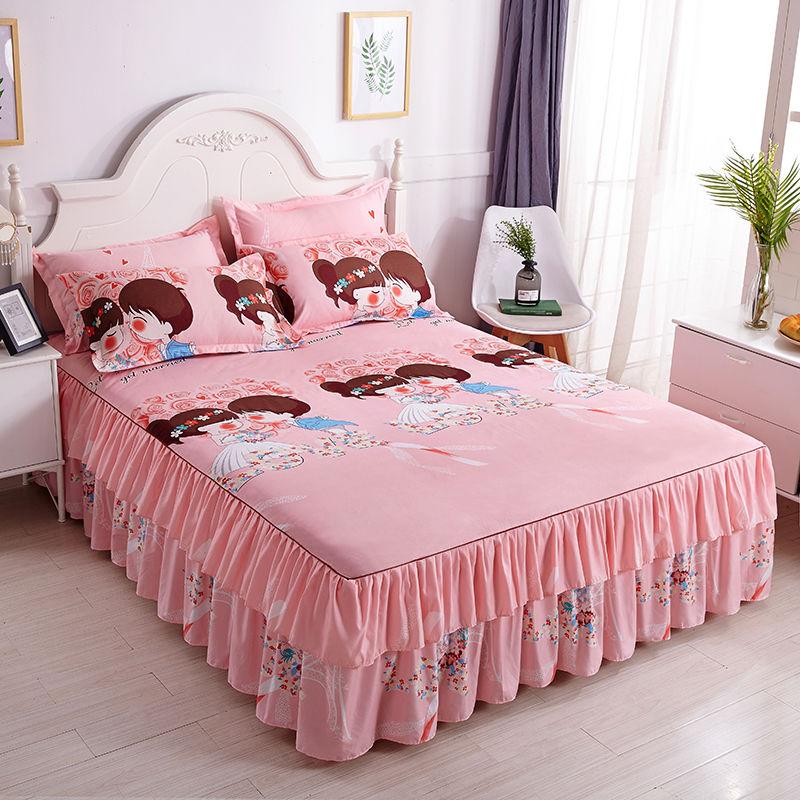 Print Soft Bed Skirt Home Bedroom Double Layers Bed Skirt Bedsheet Bed Cover Skirt Non-slip Mattress Cover Couvre Lit Bedspread