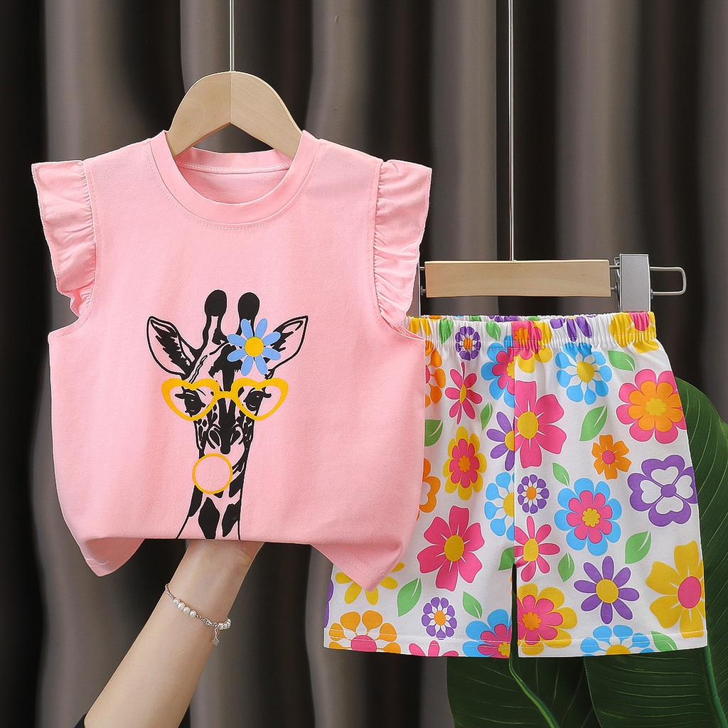 Girls' Cotton Short-sleeved Set For Summer Children's Casual Flared Shorts Two-piece Set