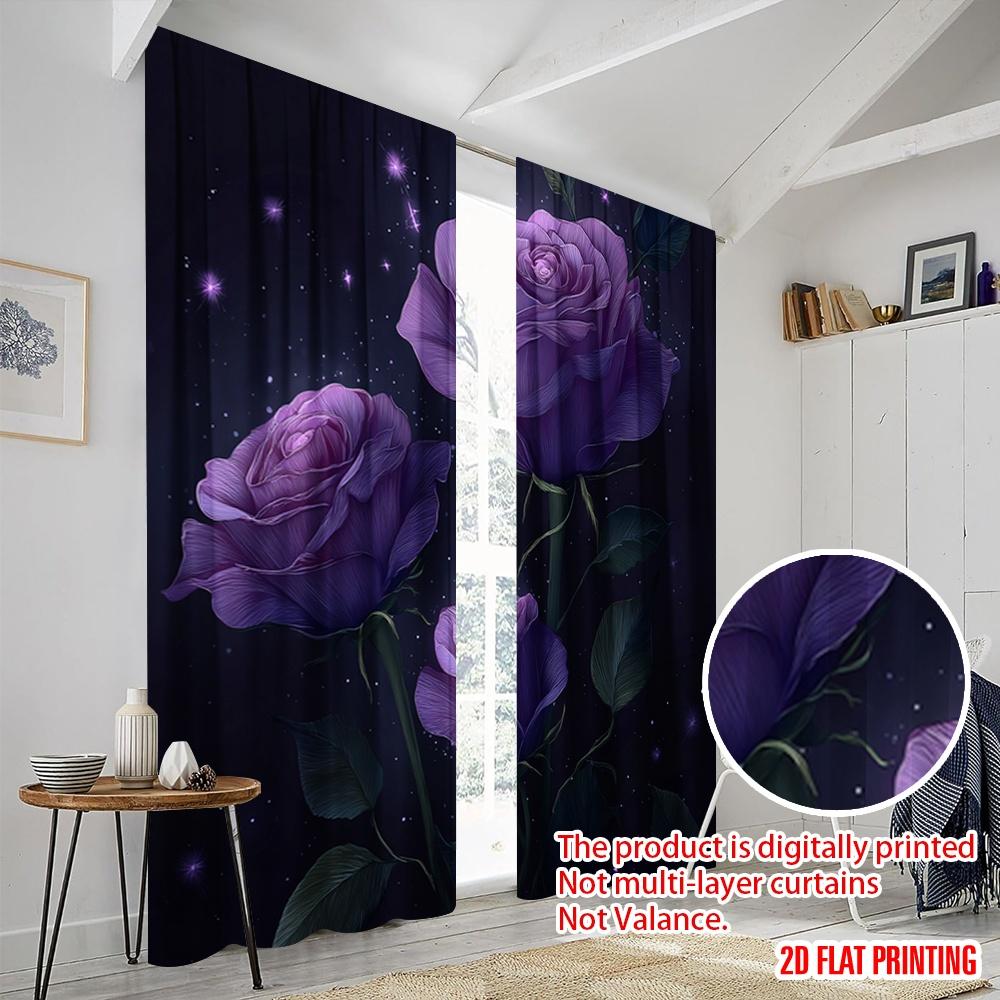 2 Stück, 2D-Flachdruck Moderne Vorhänge Lila Rosen in Blüte Polyestergewebe (ohne Stange) Festlich für Schlafzimmer, Büro,