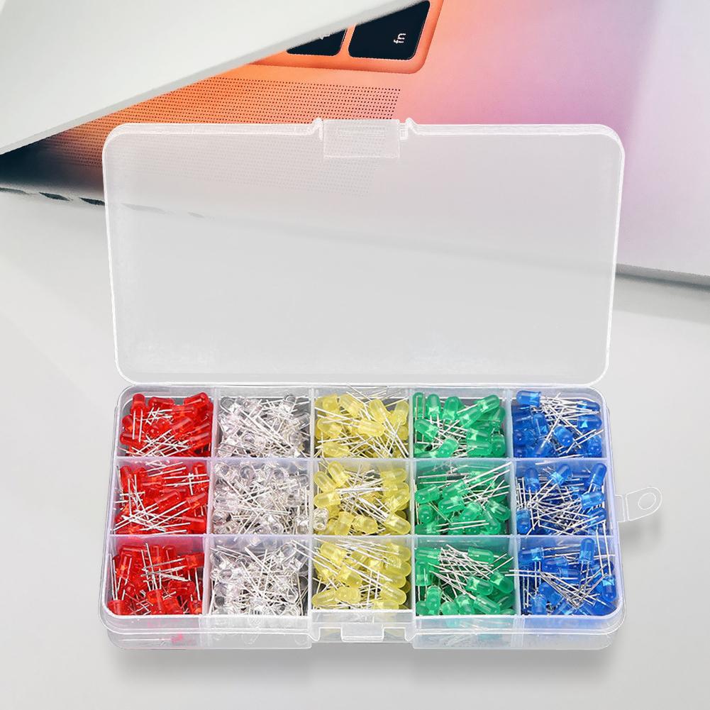 500Pcs LED Light-Emitting Diode Red Yellow Blue Green White 5MM Luminous Diode Assorted Kit LED for DIY Electrical Maintenance