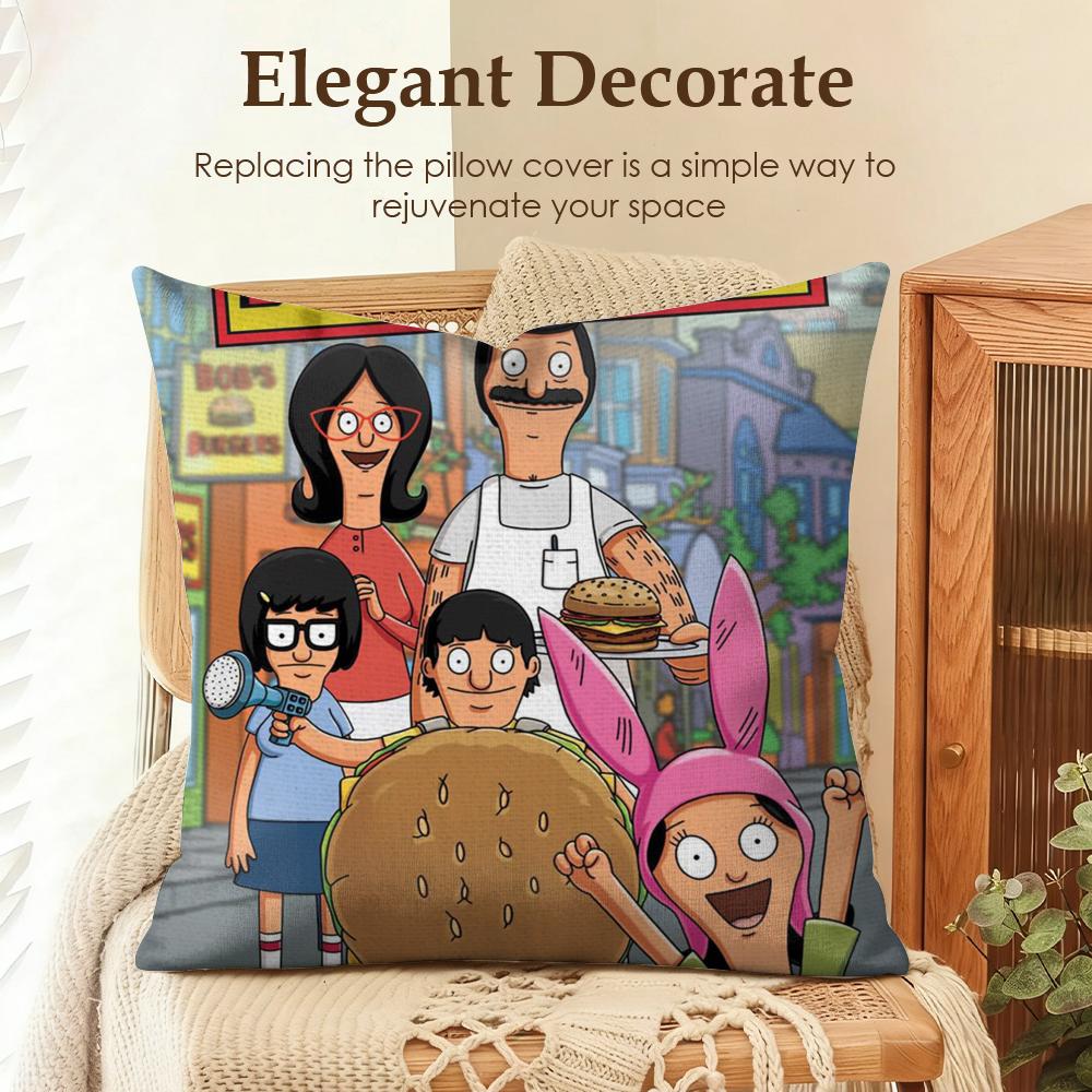 Anime B-Bobs B-Burgers Cushion Cover Natural Linen Organic Fabric Double-Sided Printing Sofa Home Decor Gift Pillow Case