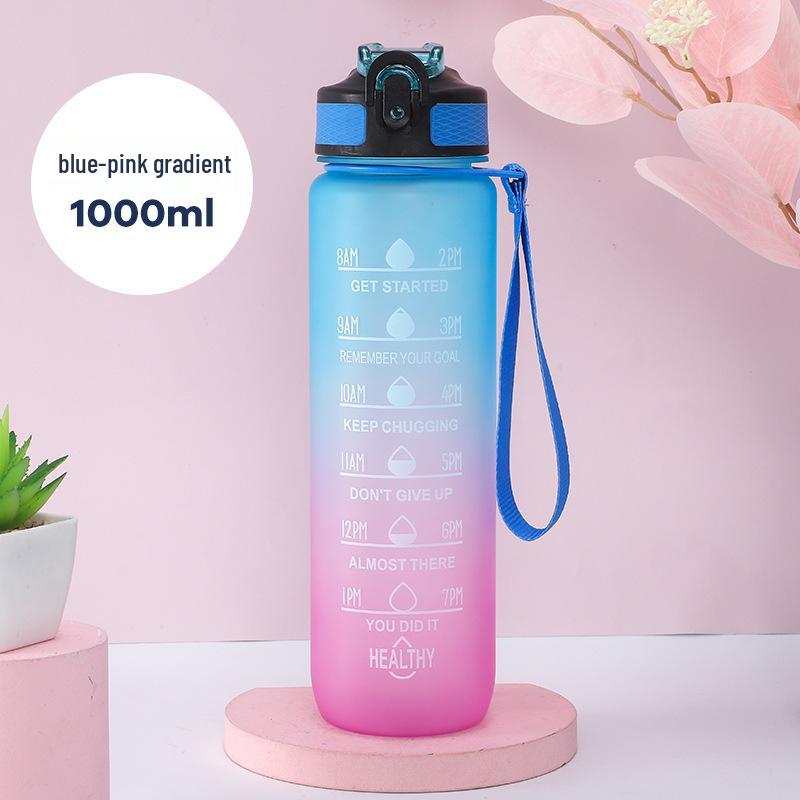 Gradient Color 1L Sports Water Bottle with Straw - Large Capacity Outdoor Plastic Space Cup