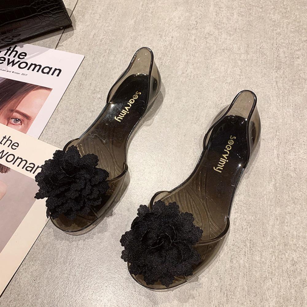 

Прозрачные пластиковые женские нескользящие туфли с цветком и рыбьим ртом, модные гелевые туфли на плоской подошве 38