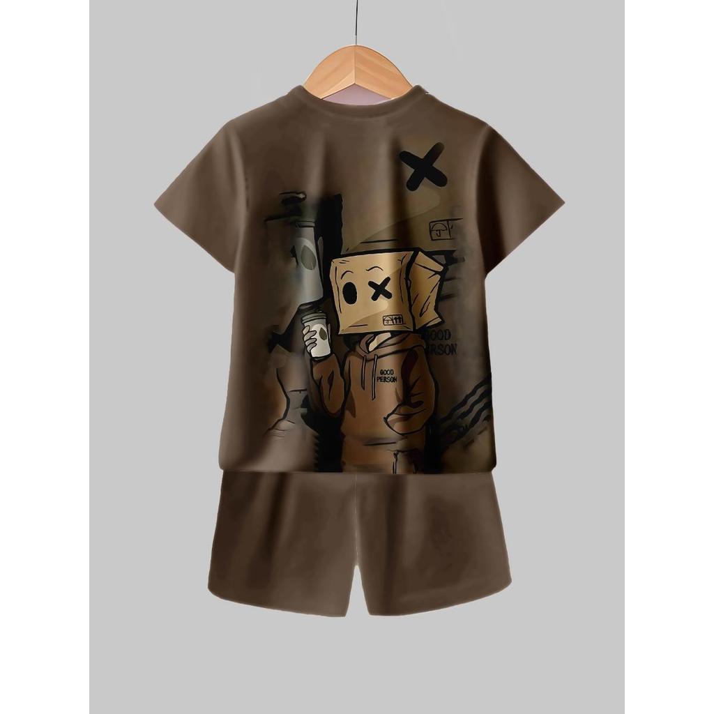 Letni dziecięcy garnitur z krótkim rękawem Modny wzór z nadrukiem 3D Gorący styl Luźny trend Odzież sportowa Dla chłopców i dziewcząt Ubrania
