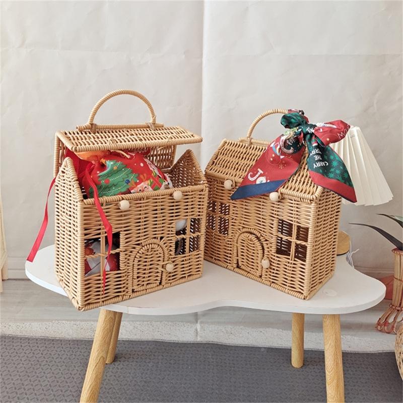 Valigia Scatola Decorativa in Rattan Cesto Intrecciato a Mano in Plastica a Forma di Casa con Manico Sacchetto per Confezionare Regali per Festival
