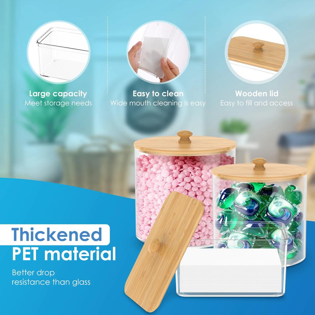 3 Pack Laundry Pod Container Plastic Transparent Desktop Storage Box with Scoop and Wood Lid Washing Tablet Storage Container