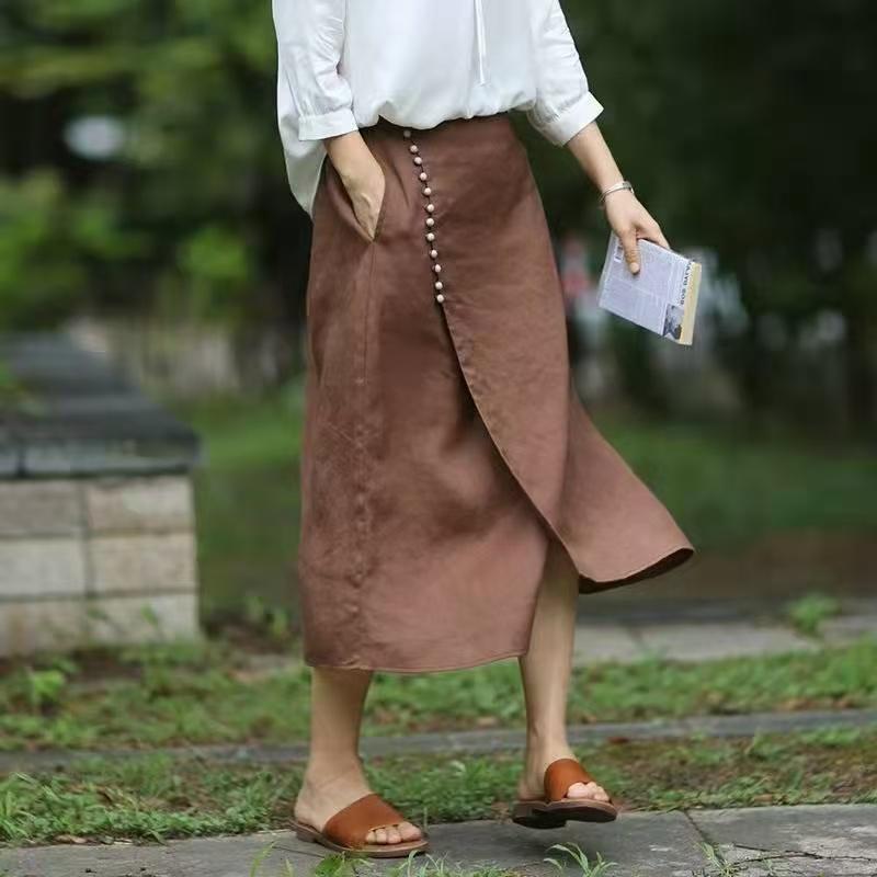 Literary Cotton Linen Split Skirt Women Single Breasted Midi A-Line Skirts Vintage Asymmetric Skirts Slimming